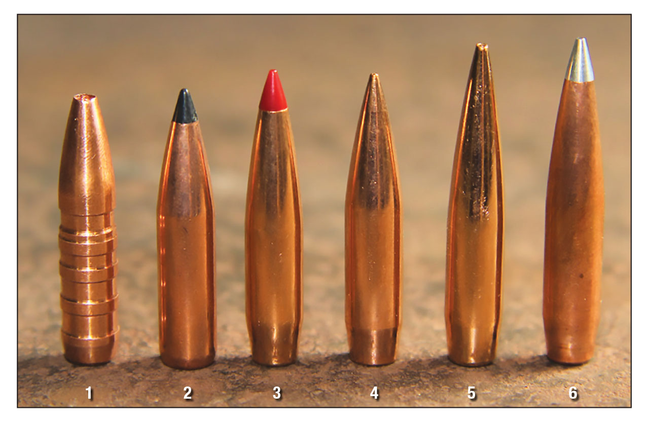 Bullets tested in the 22-284 Winchester included: (1) Quality Cartridge’s 68-grain Game-StopR, (2) Swift’s 75-grain Scirocco II, (3) Hornady’s 80-grain ELD Match, (4) Nosler’s 85-grain RDF, (5) Berger’s 90-grain VLD Target and (6) Hornady’s 90-grain A-Tip Match.
